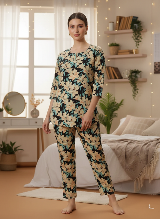 Black Lily Print Pajama Set for Women Soft & Breathable Loungewear