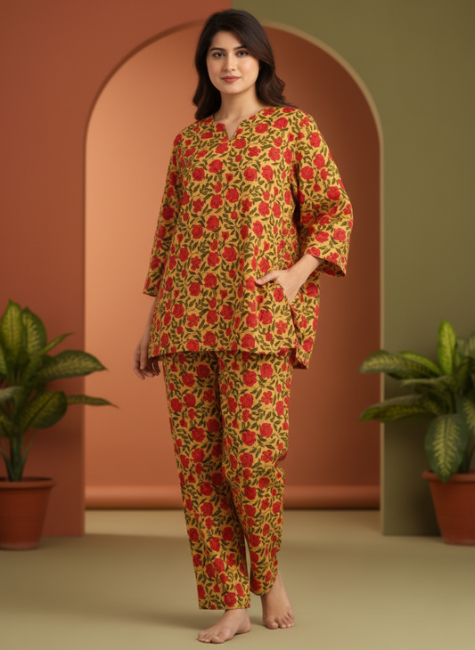 Sunlit Yellow Pure Cotton Pajama Set for Women Designed for Lounging and Light Living