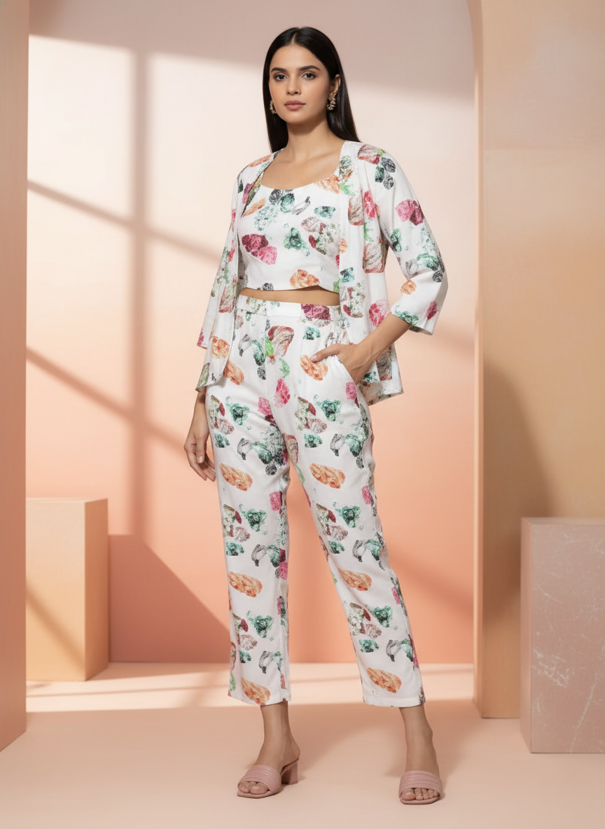 White Multi Floral 3 Piece Coord Set for Women with Shrug and Printed Pants