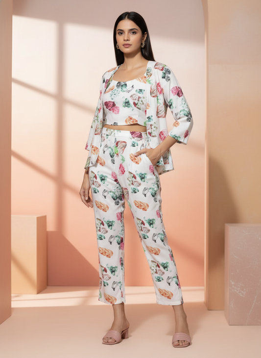 White Multi Floral 3 Piece Coord Set for Women with Shrug and Printed Pants