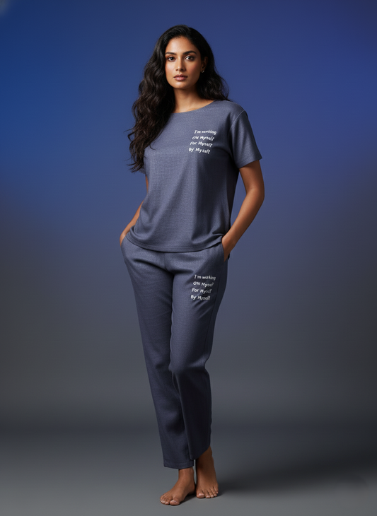 Storm Blue Linen Round Neck Pj Set For Women with Timeless Comfort