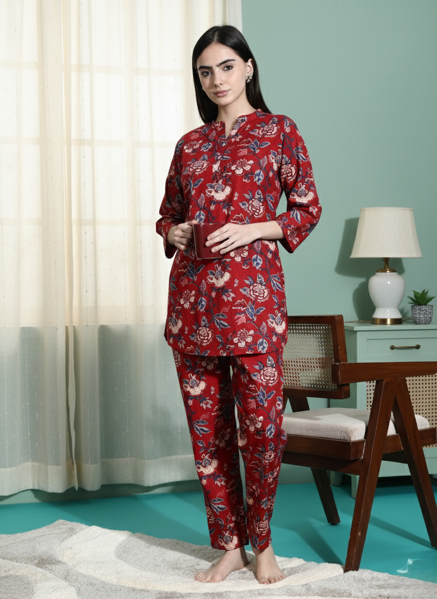 Ruby Red Cotton Floral Co-ord Set for Ladies