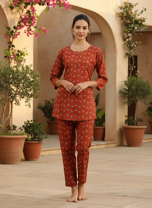 Clay Red Pure Cotton Coord Set for Women Comfortable All-Day Wear