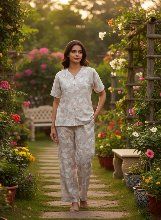 Misty Lilac Rayon Coord Set for Women with Leaf Print and Relaxed Summer Fit