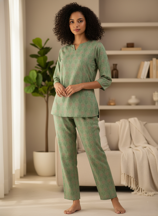 Leaf Green Pure Cotton Pajama Set for Women in Co-ord Style with Mask