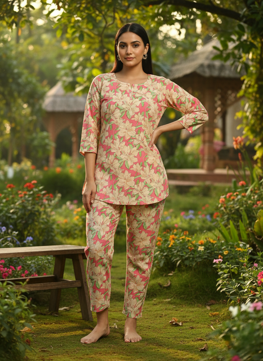 Sunset Floral Cotton Summer Night Suit for Ladies with Easy Fit for Home and Travel