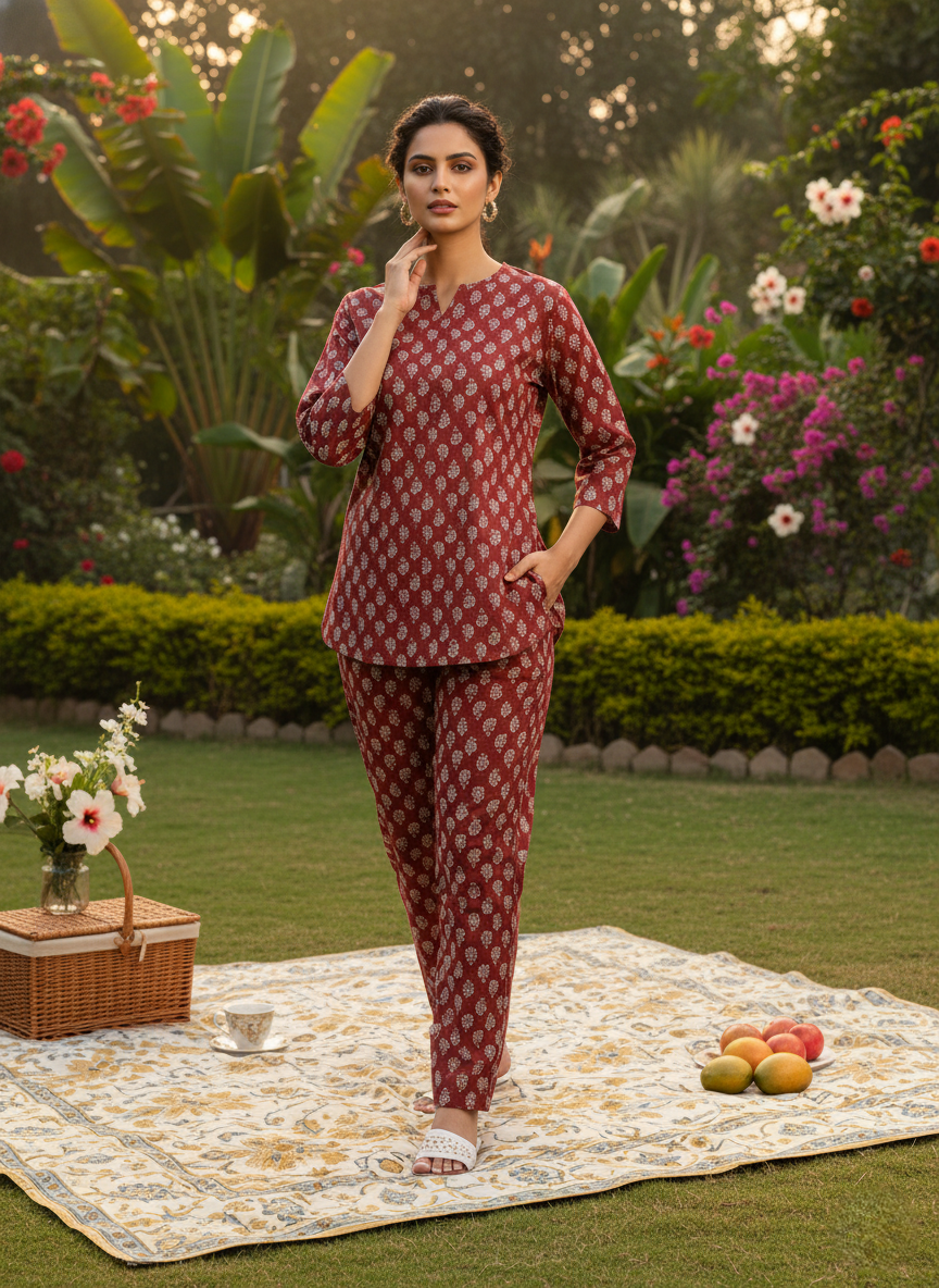Rust Red Pure Cotton Night Suit Set for Women in Co-ord Style