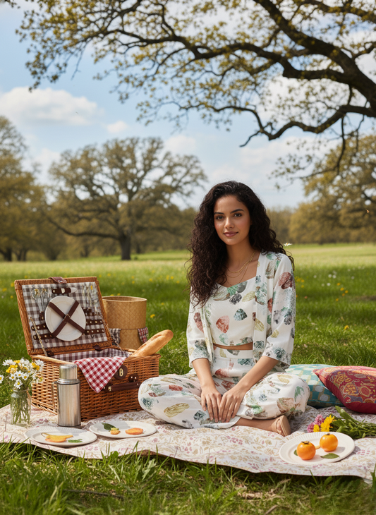 Ivory Multi Leaf Print 3 Piece Coord Set for Women with Shrug and Crop Top