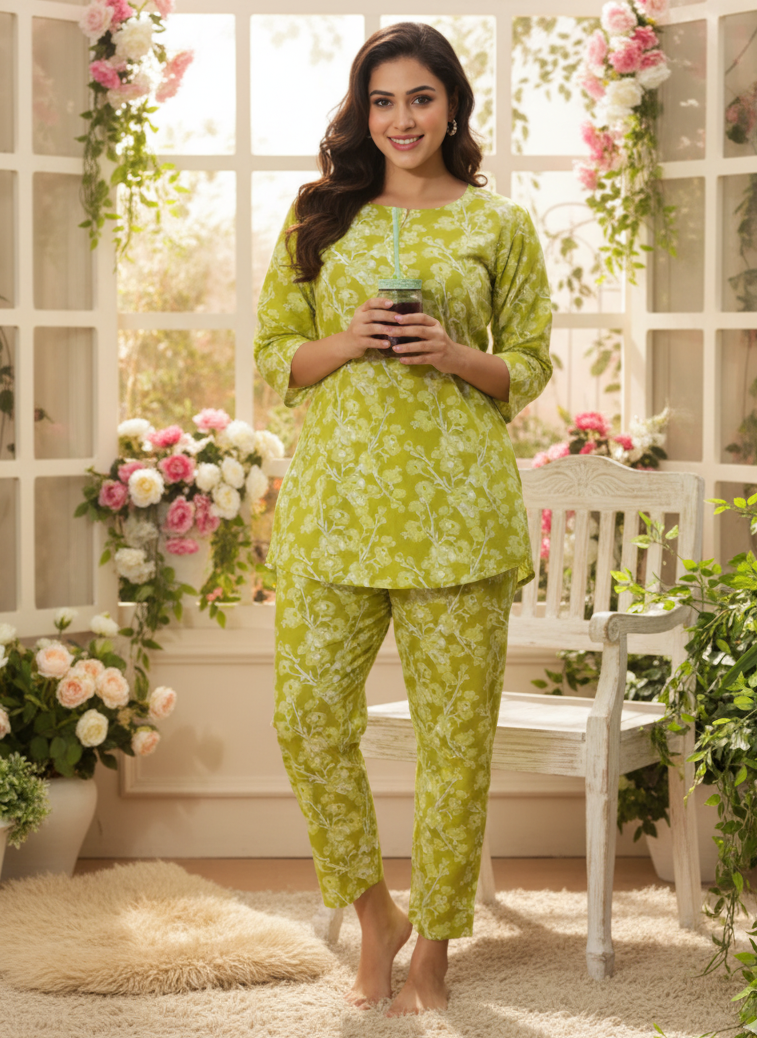 Lavishing Apple Green Floral Cotton Coord Set for Women