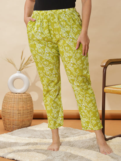 Apple Green Floral Cotton Coord Set for Women