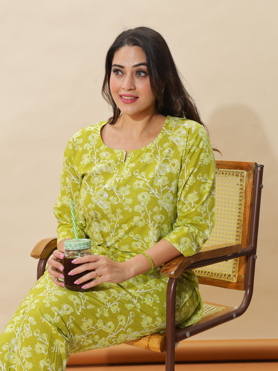 Apple Green Floral Cotton Coord Set for Women