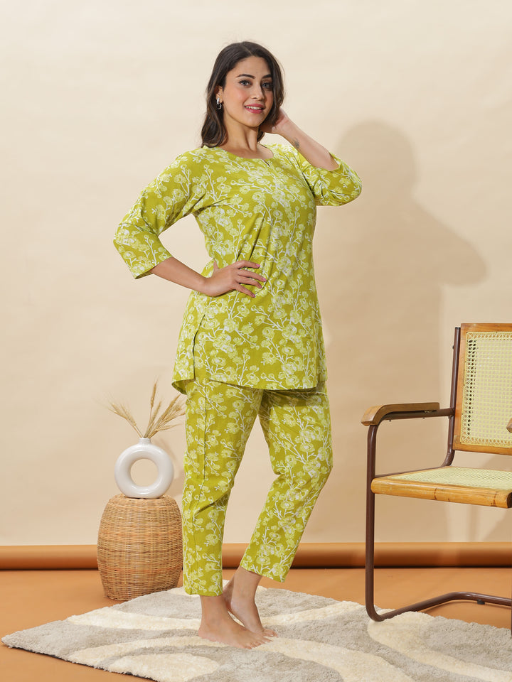 Apple Green Floral Cotton Coord Set for Women