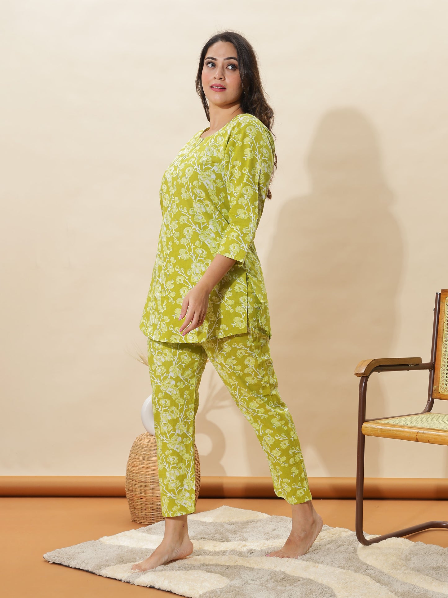Apple Green Floral Cotton Coord Set for Women