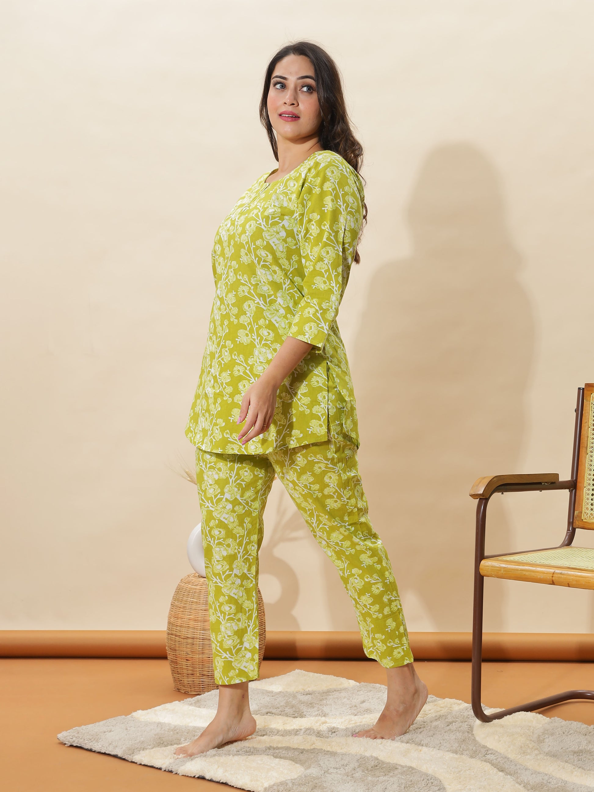 Apple Green Floral Cotton Coord Set for Women