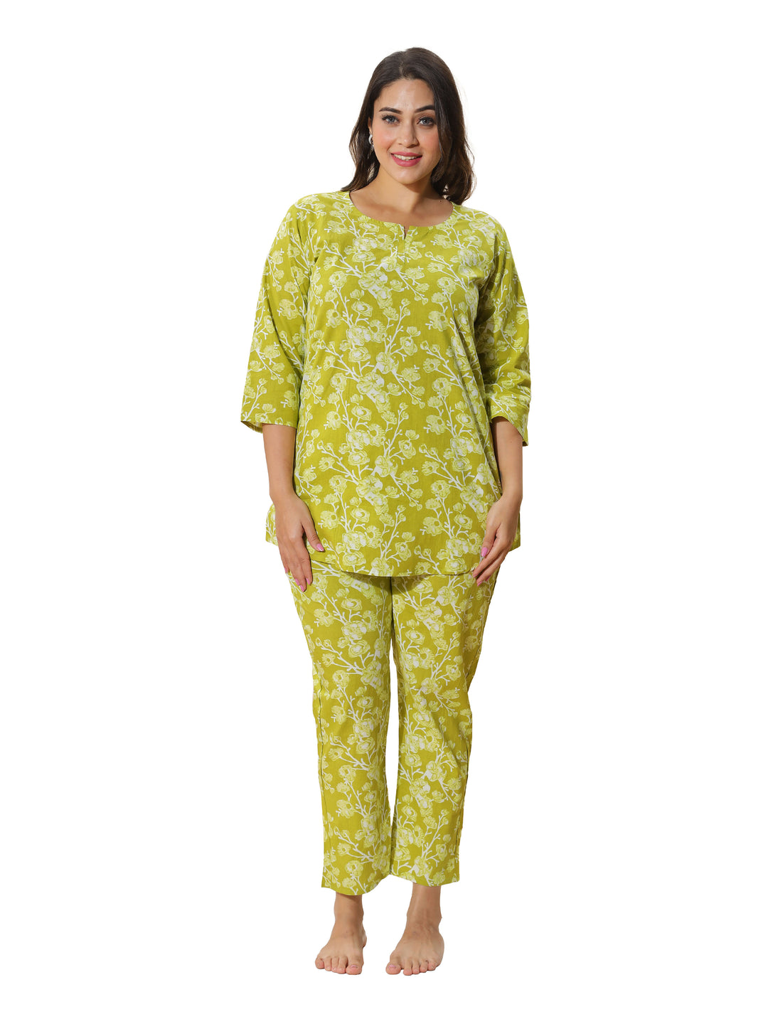 Apple Green Floral Cotton Coord Set for Women