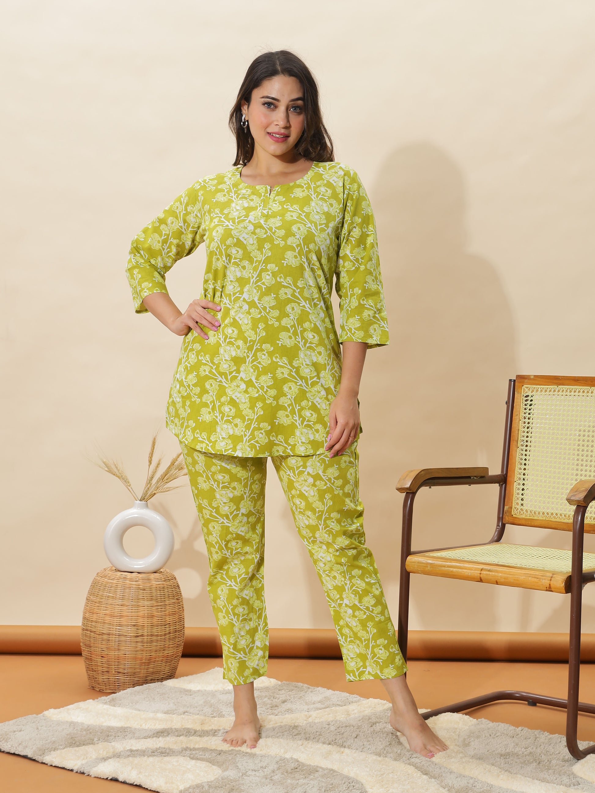 Apple Green Floral Cotton Coord Set for Women