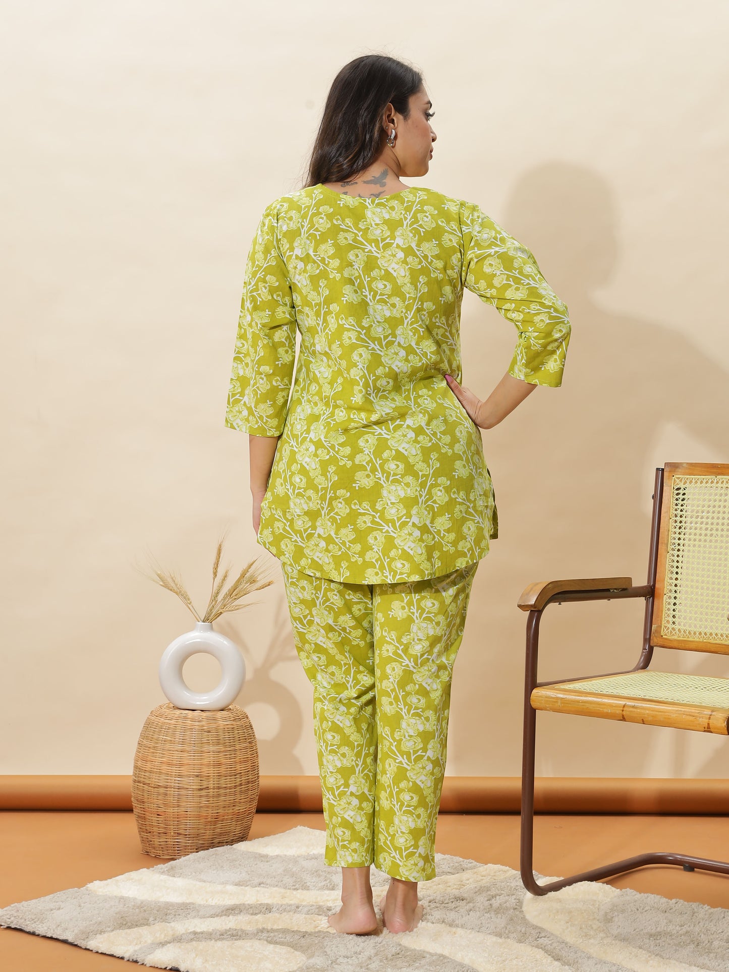 Apple Green Floral Cotton Coord Set for Women
