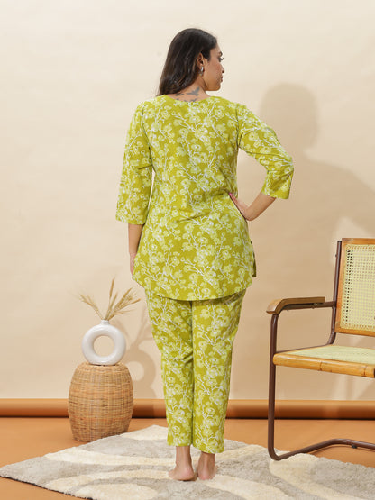 Apple Green Floral Cotton Coord Set for Women