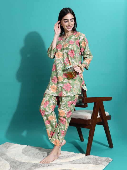 Green Orange Cotton Coord Set for Women