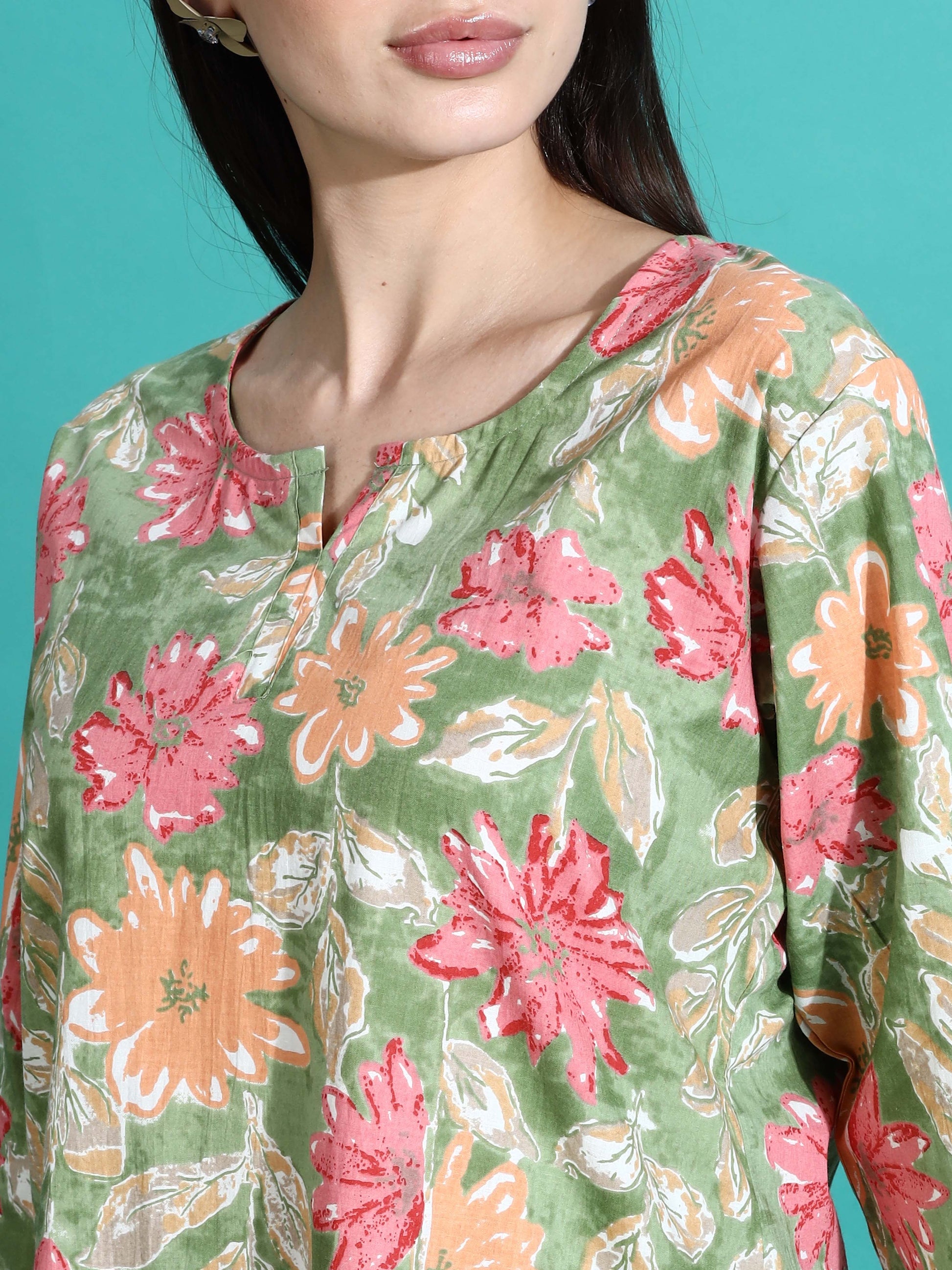 Green Orange Cotton Coord Set for Women