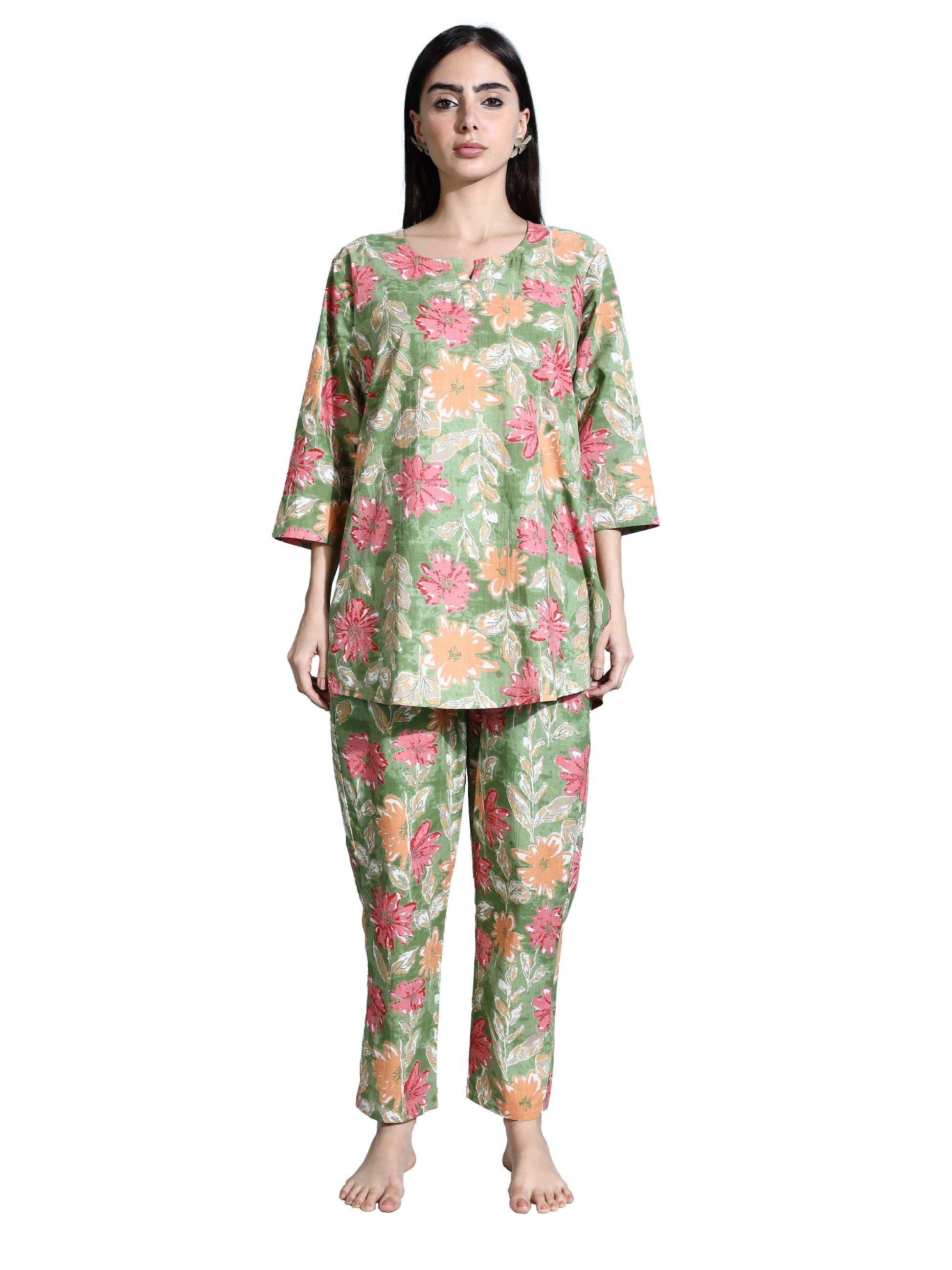 Green Orange Cotton Coord Set for Women