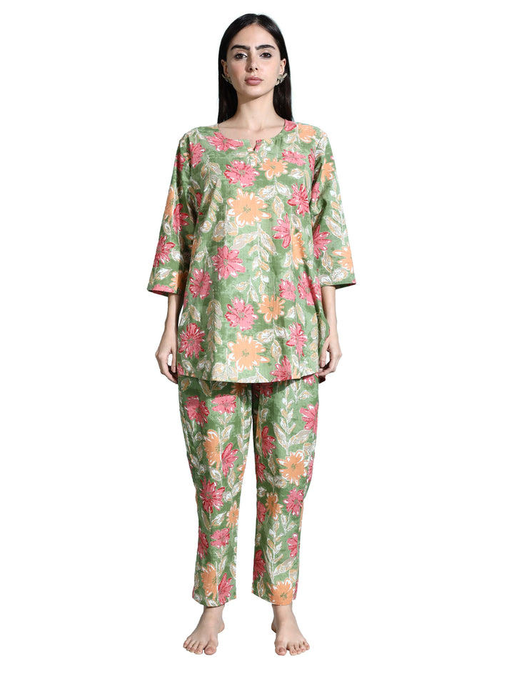 Green Orange Cotton Coord Set for Women