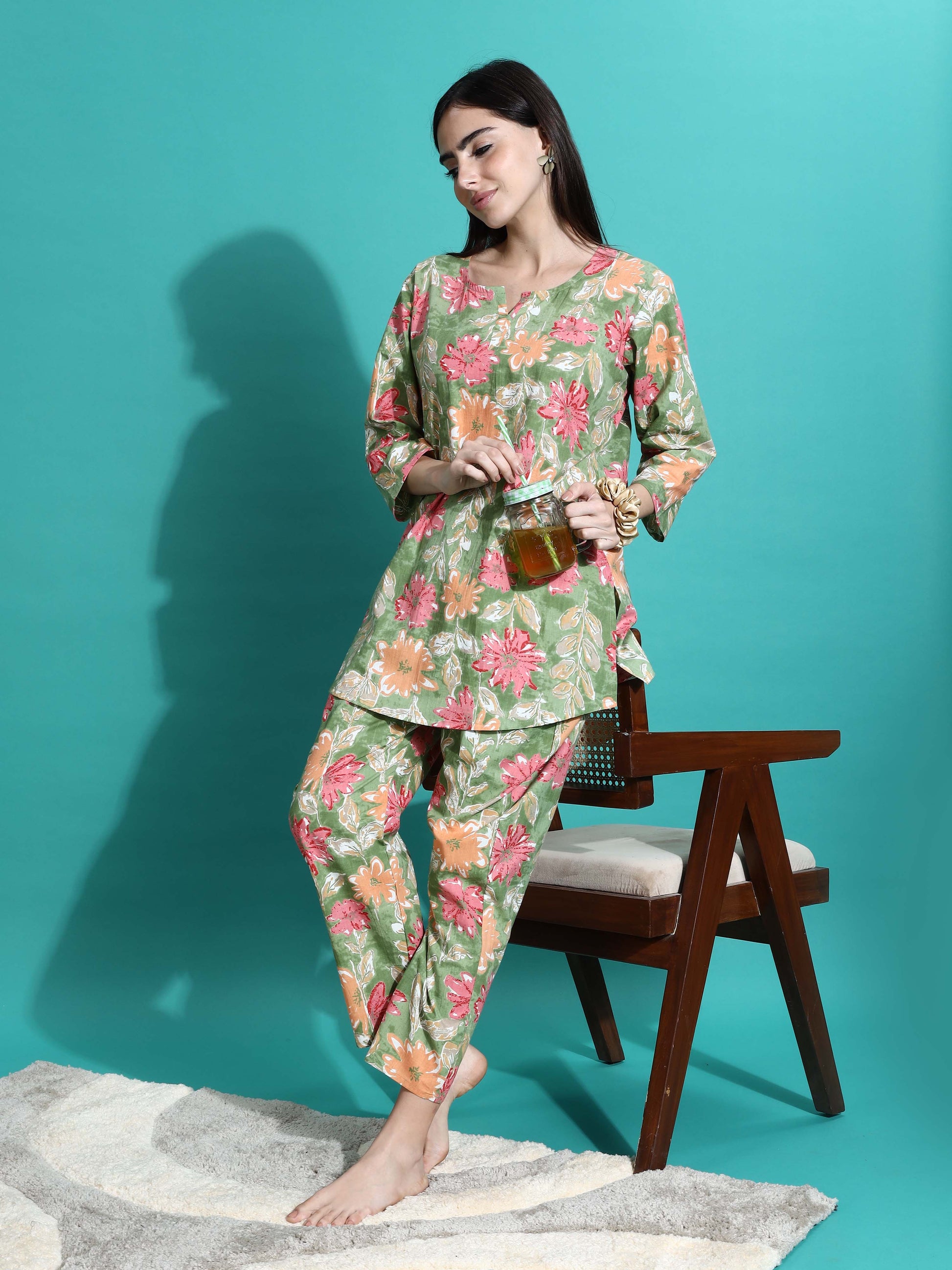 Green Orange Cotton Coord Set for Women