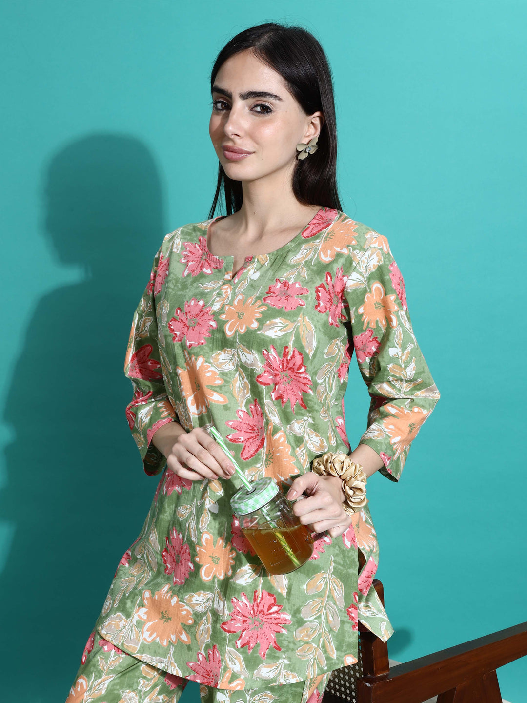 Green Orange Cotton Coord Set for Women