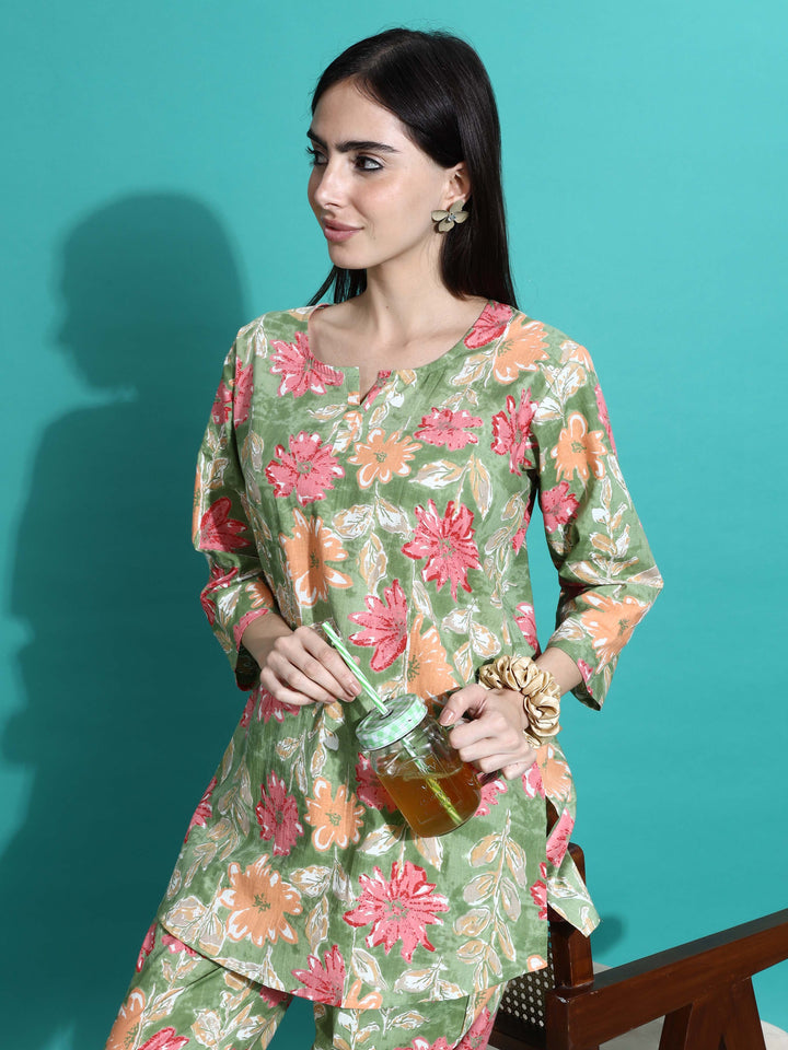 Green Orange Cotton Coord Set for Women