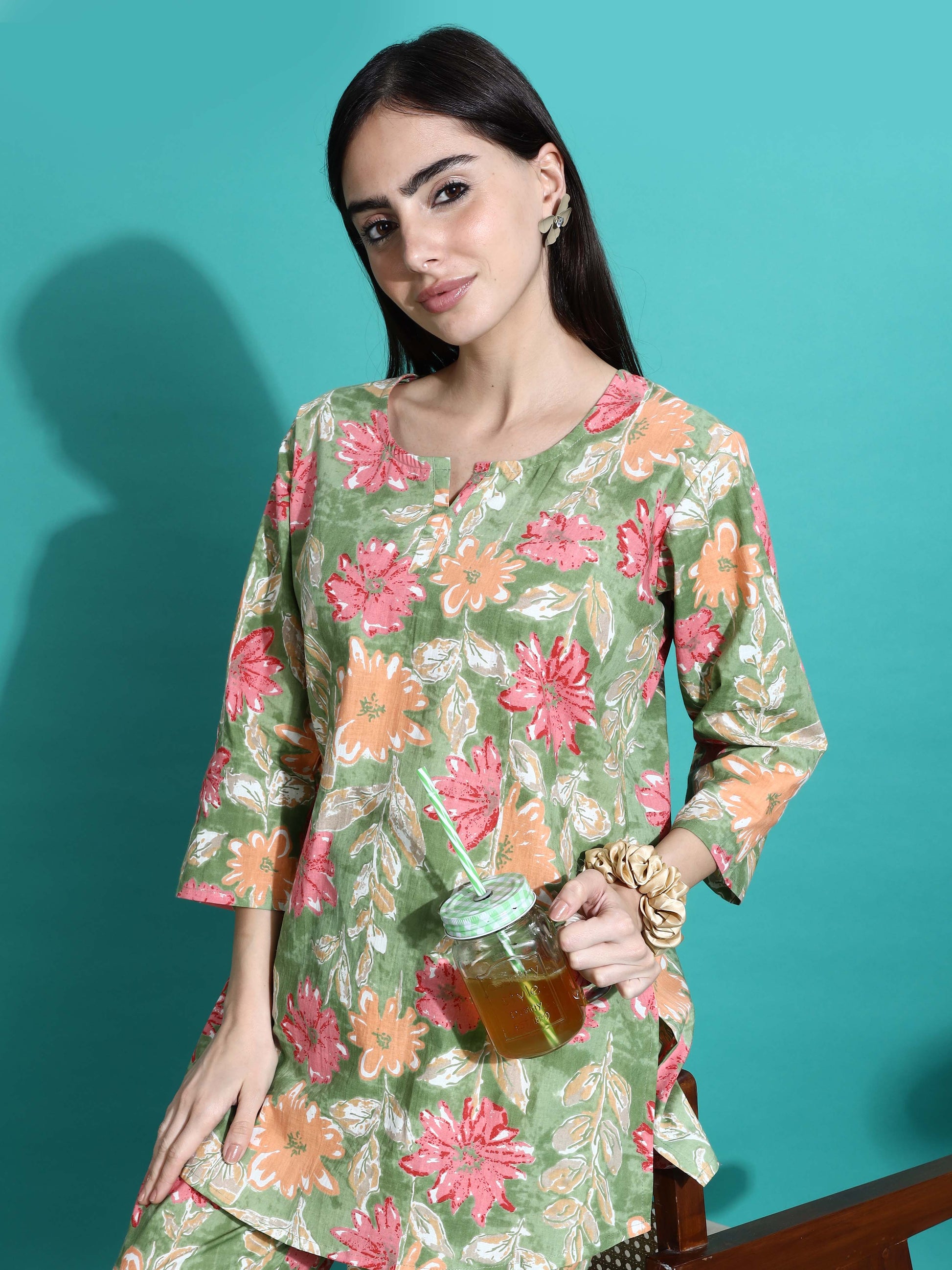 Green Orange Cotton Coord Set for Women
