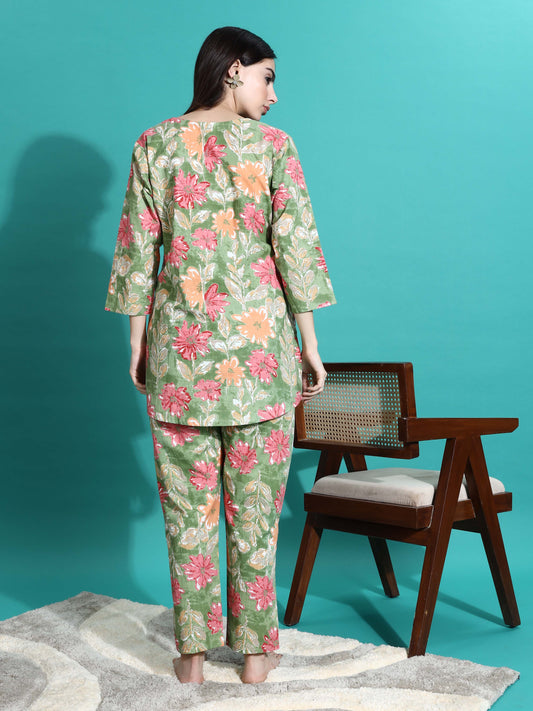 Green Orange Cotton Coord Set for Women