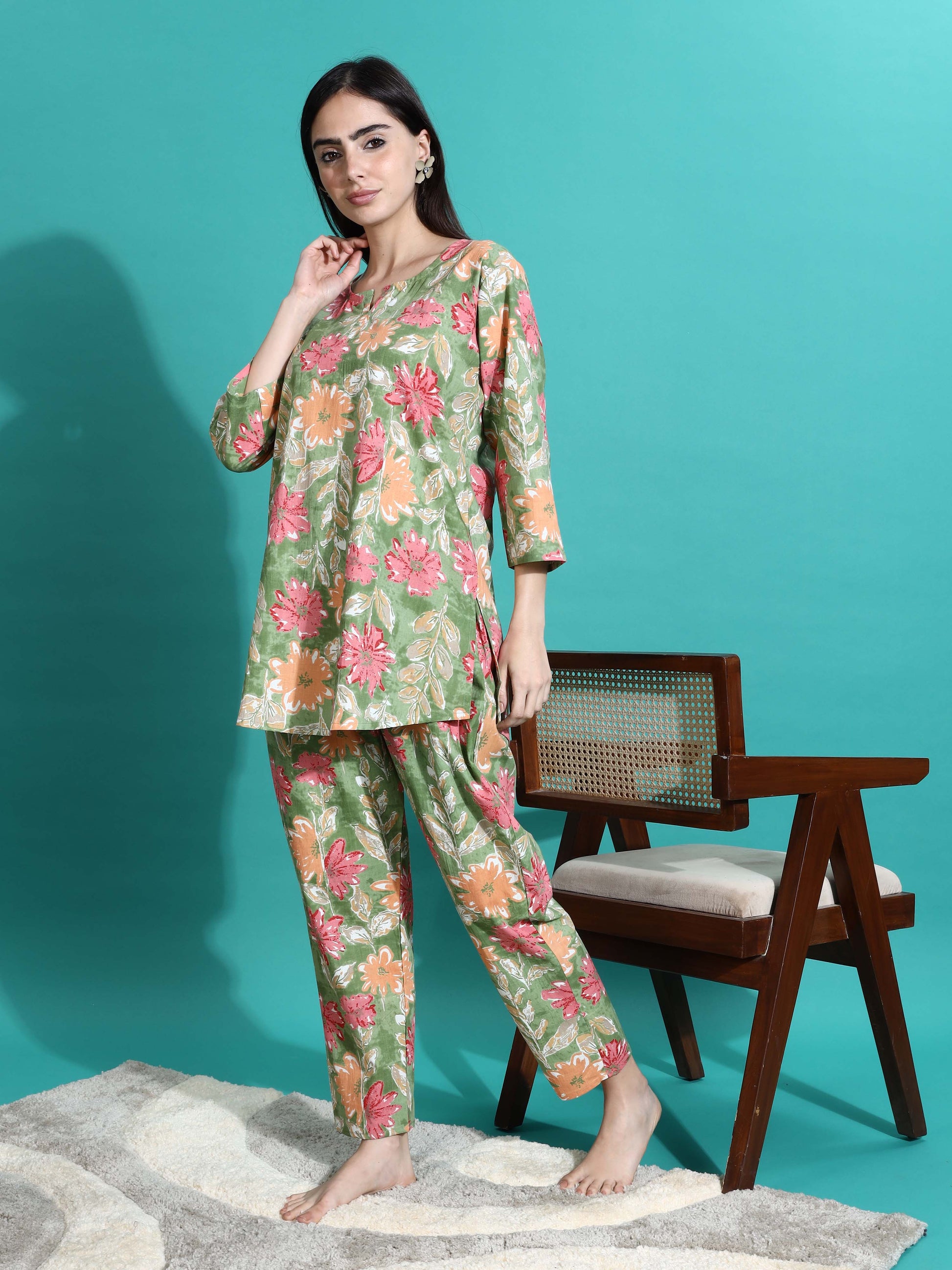 Green Orange Cotton Coord Set for Women