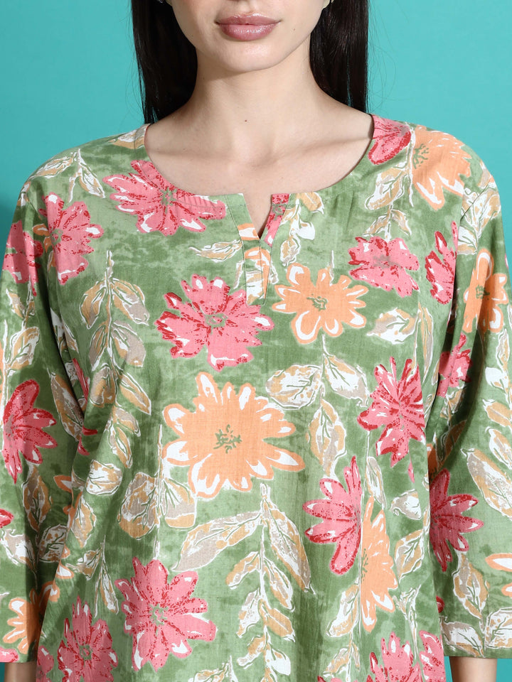 Green Orange Cotton Coord Set for Women