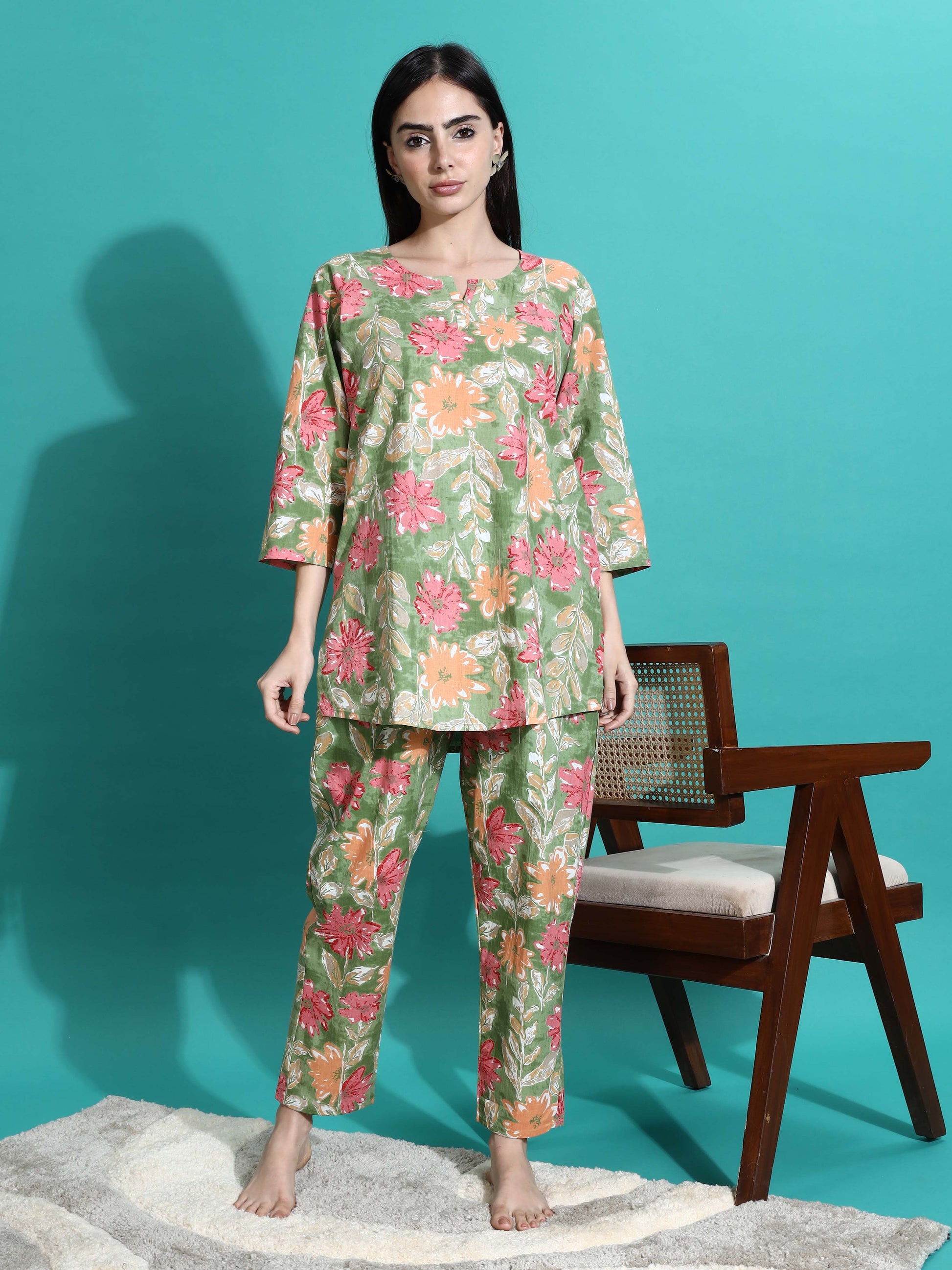 Green Orange Cotton Coord Set for Women