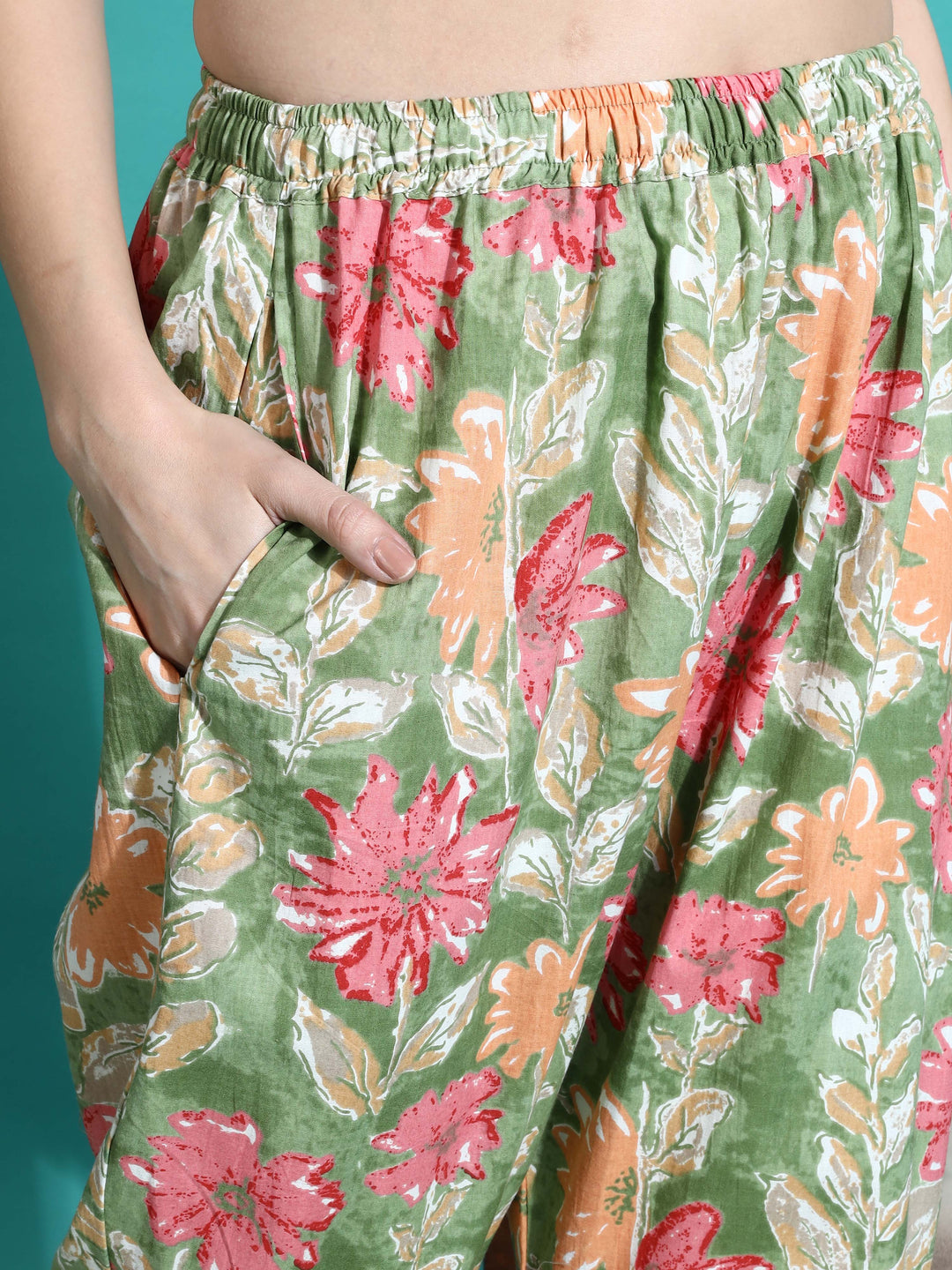 Green Orange Cotton Coord Set for Women