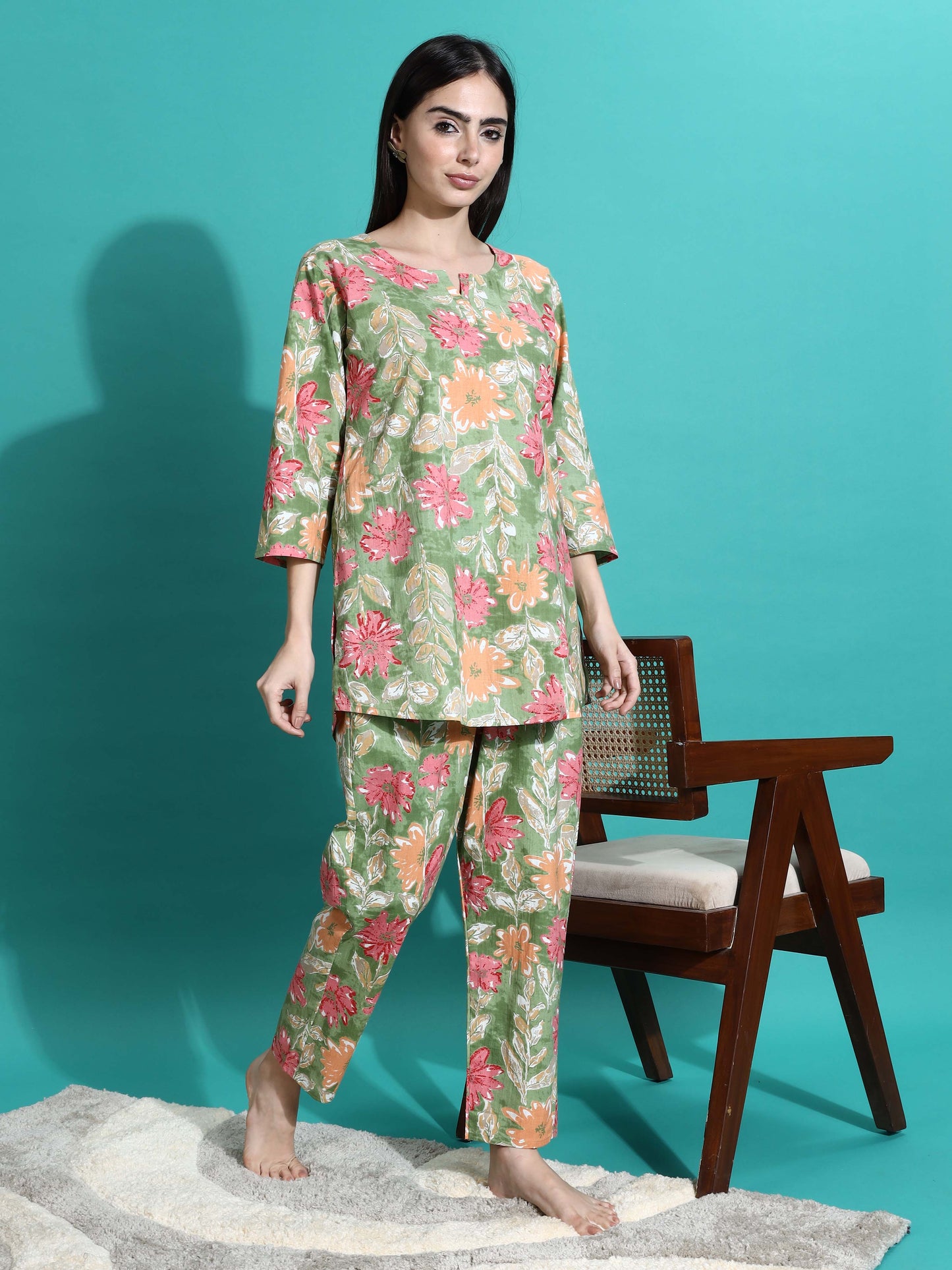 Green Orange Cotton Coord Set for Women