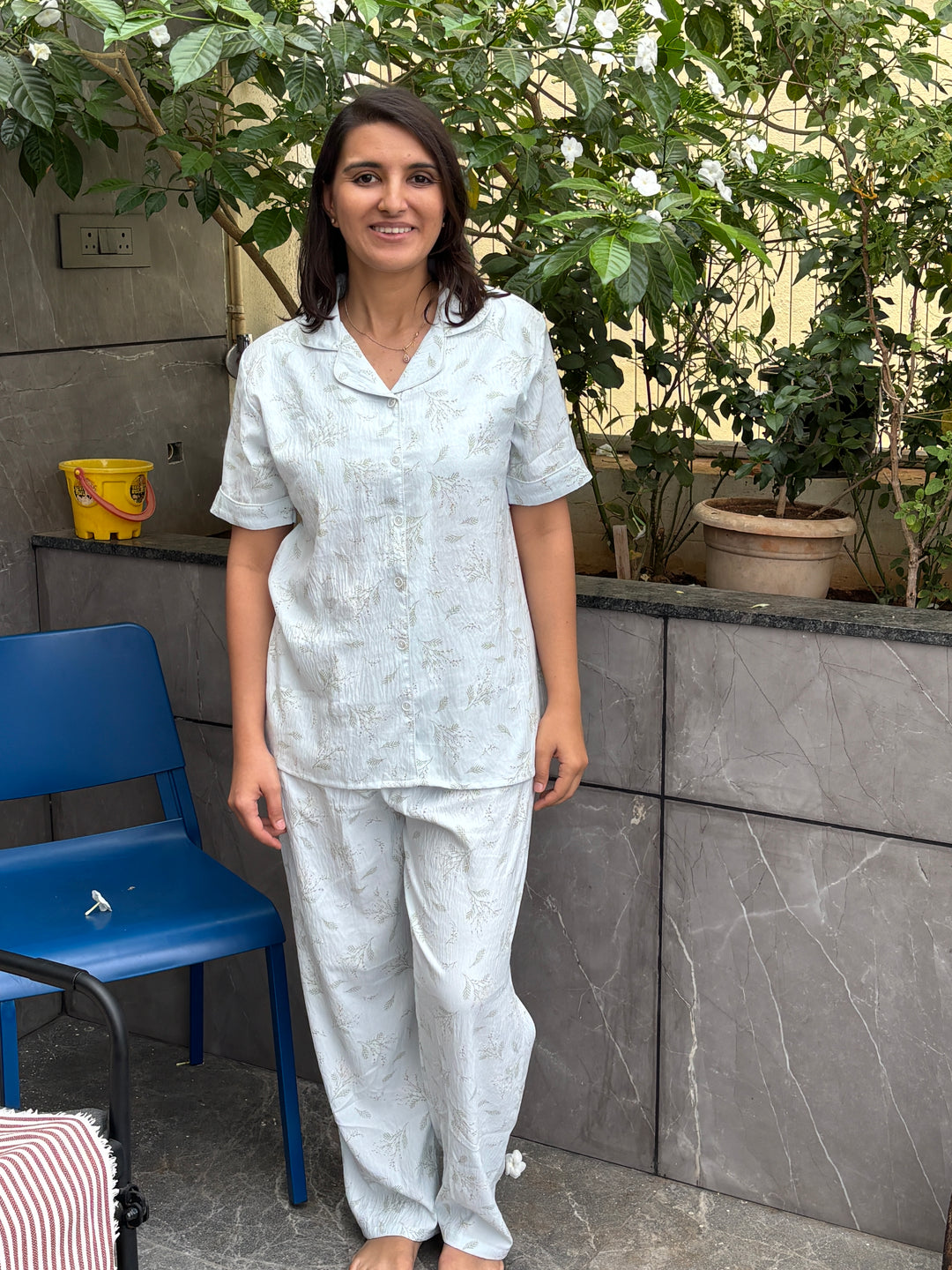 Pastel Blue Botanical Print Co Ord Dreamy Sleepwear Set for Women