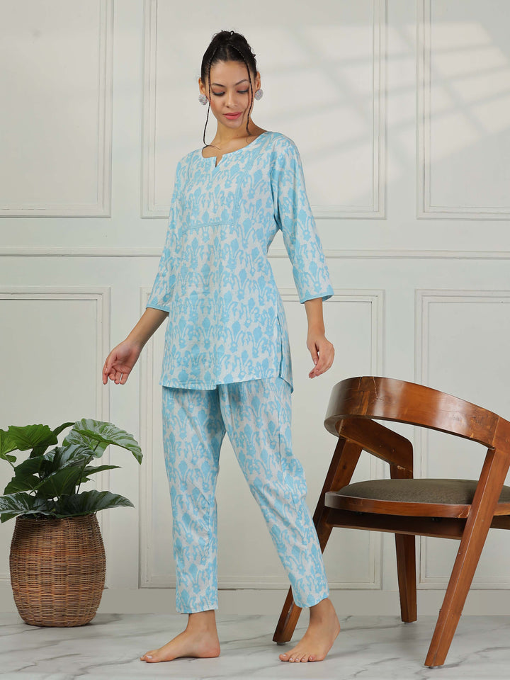 Ice Blue Cotton Pajama Set – Matching Top & Pants for Women