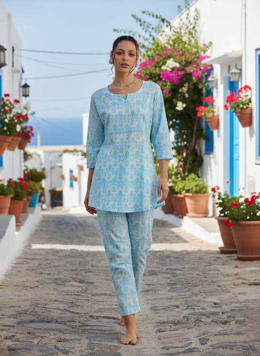 Ice Blue Cotton Pajama Set – Matching Top & Pants for Women