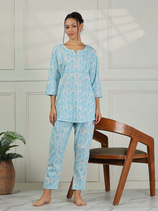 Ice Blue Cotton Pajama Set For Women