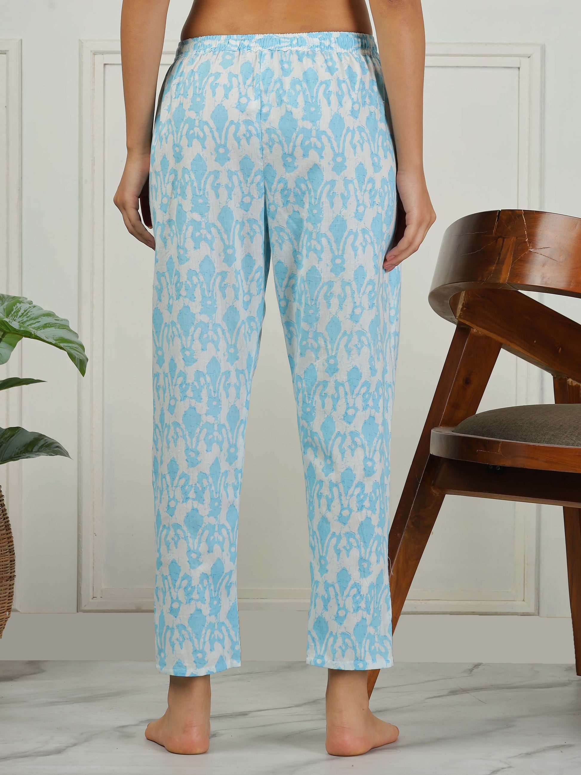 Ice Blue Cotton Pajama Set For Women