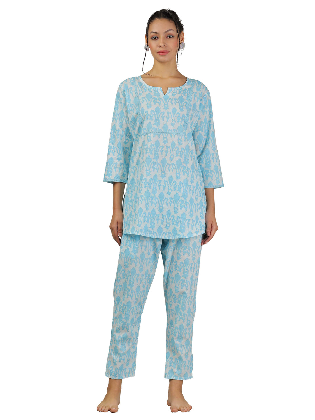 Ice Blue Cotton Pajama Set – Matching Top & Pants for Women