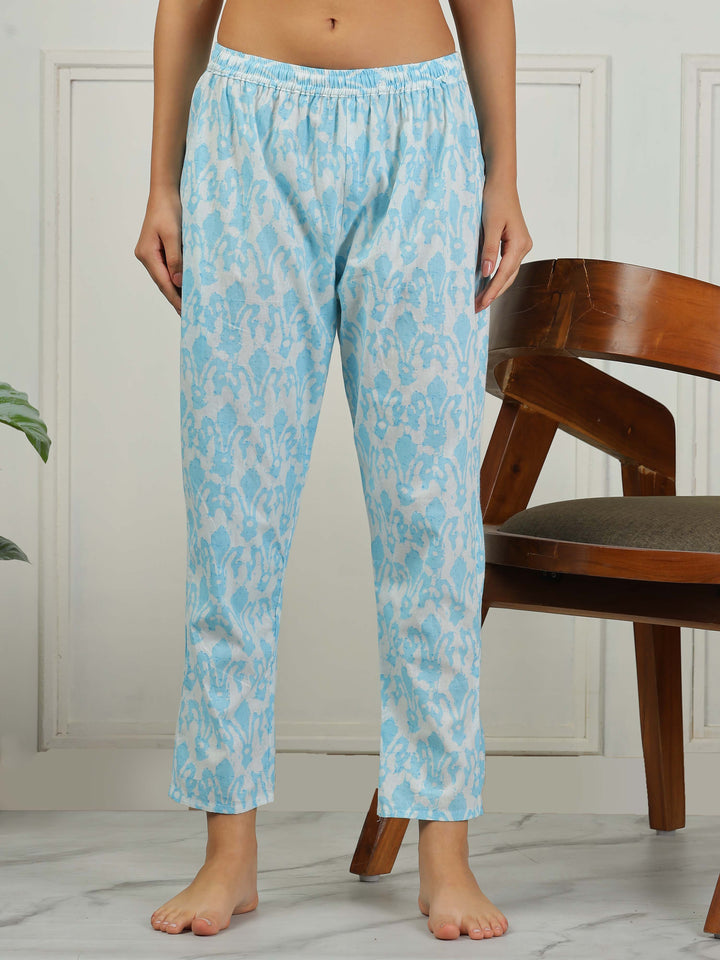 Ice Blue Cotton Pajama Set – Matching Top & Pants for Women