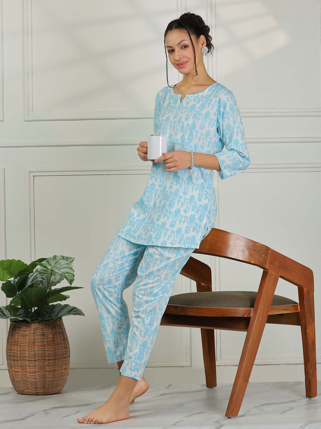 Ice Blue Cotton Pajama Set – Matching Top & Pants for Women