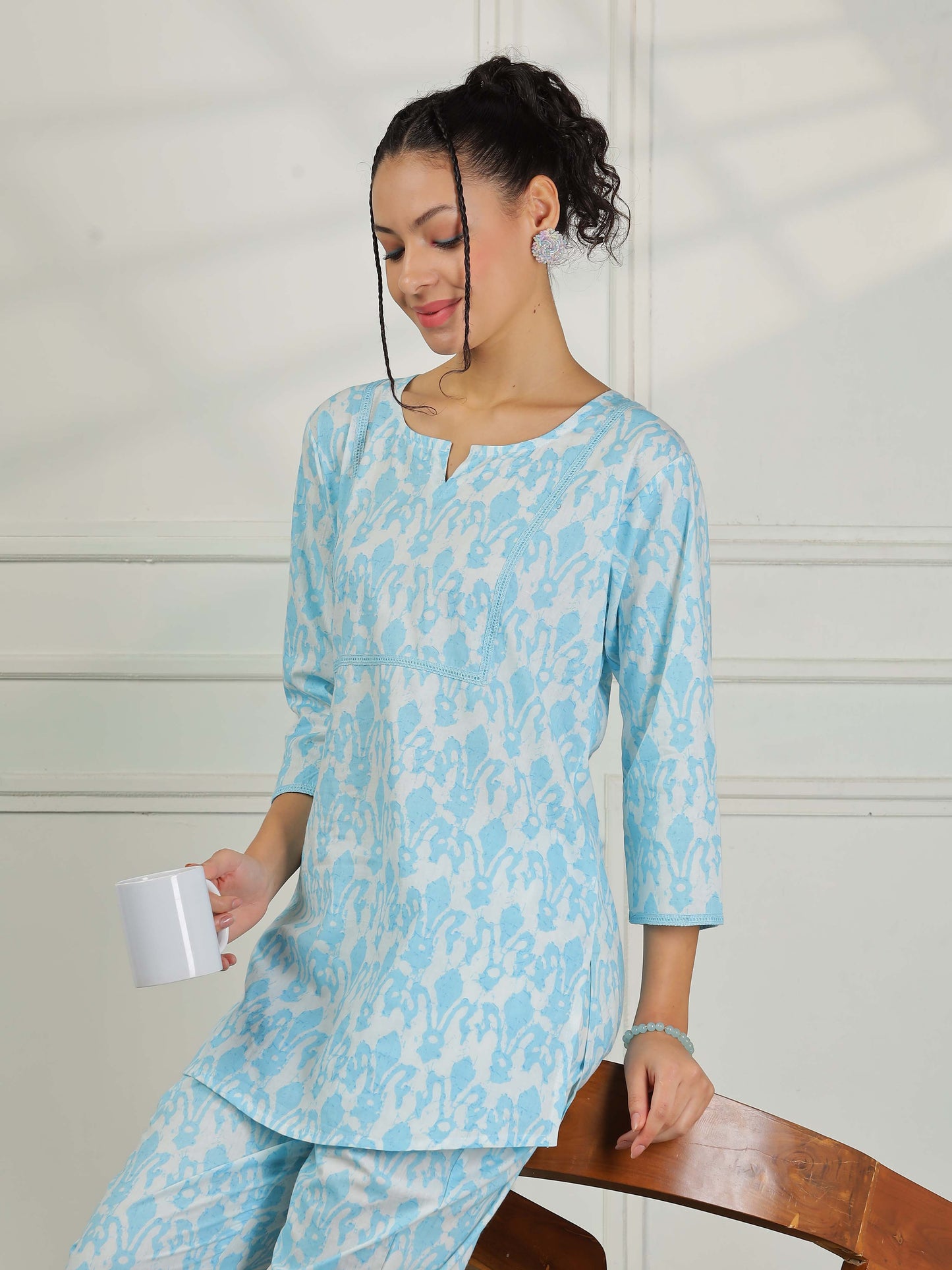 Ice Blue Cotton Pajama Set For Women