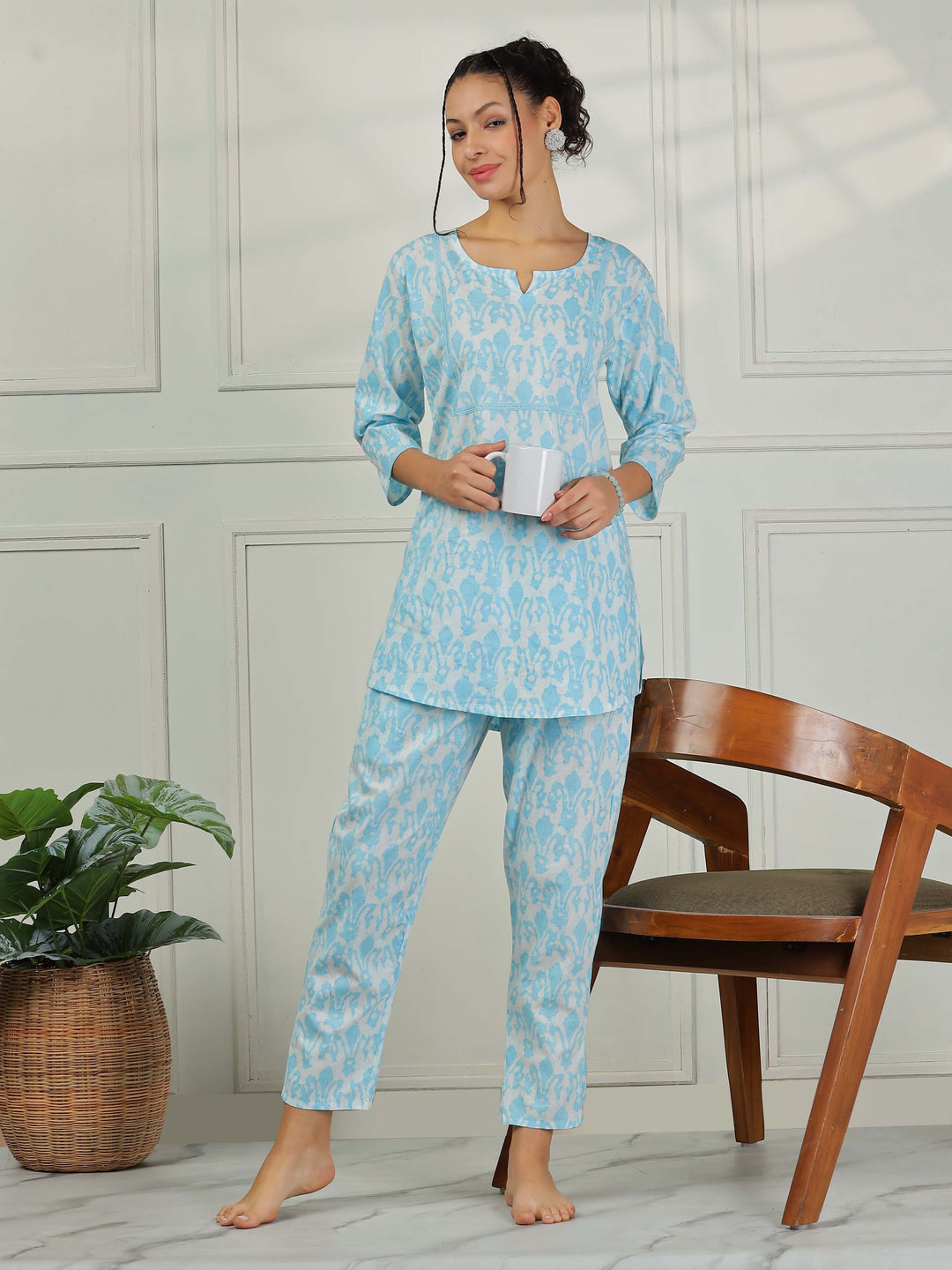 Ice Blue Cotton Pajama Set – Matching Top & Pants for Women