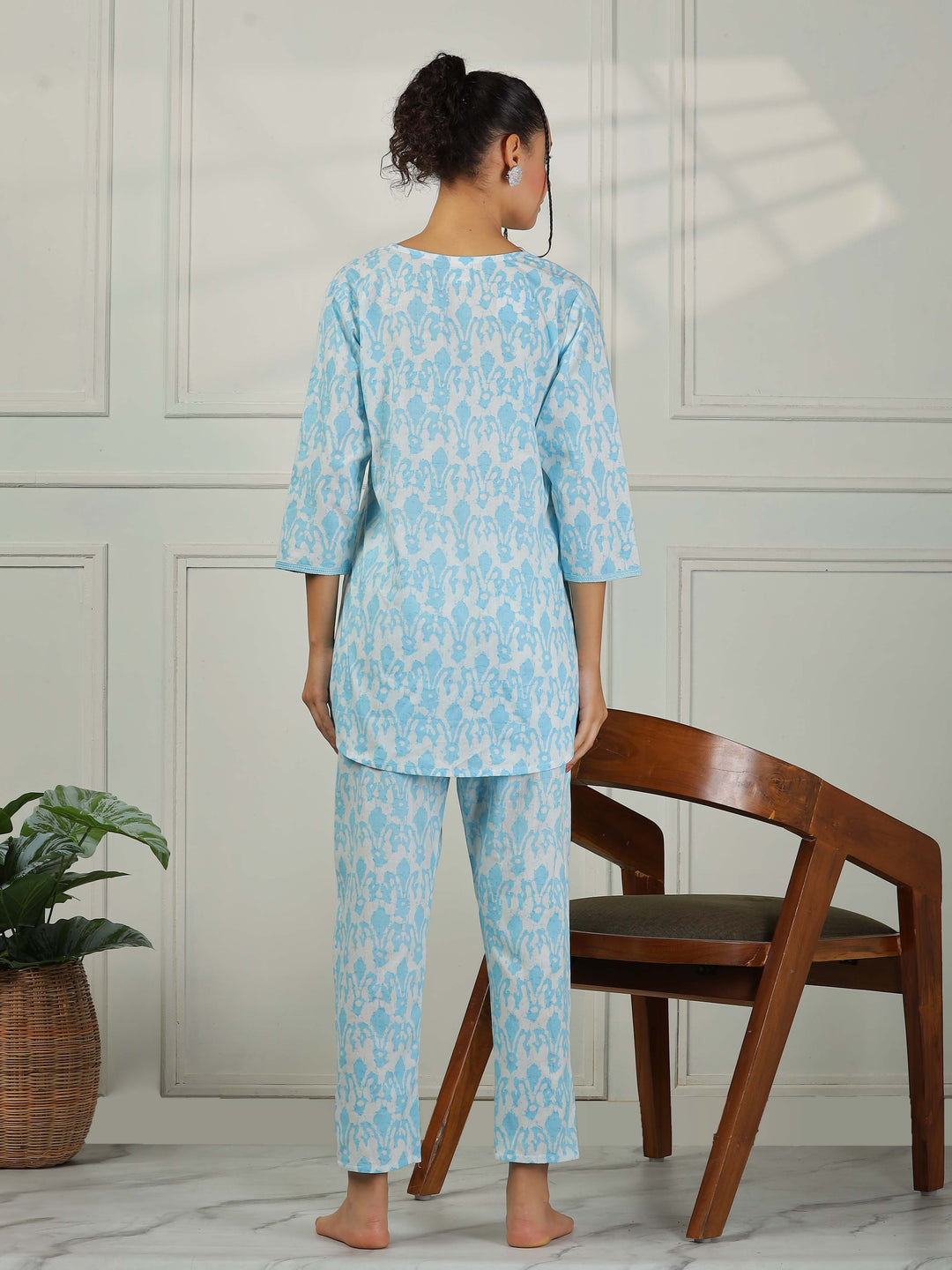 Ice Blue Cotton Pajama Set – Matching Top & Pants for Women
