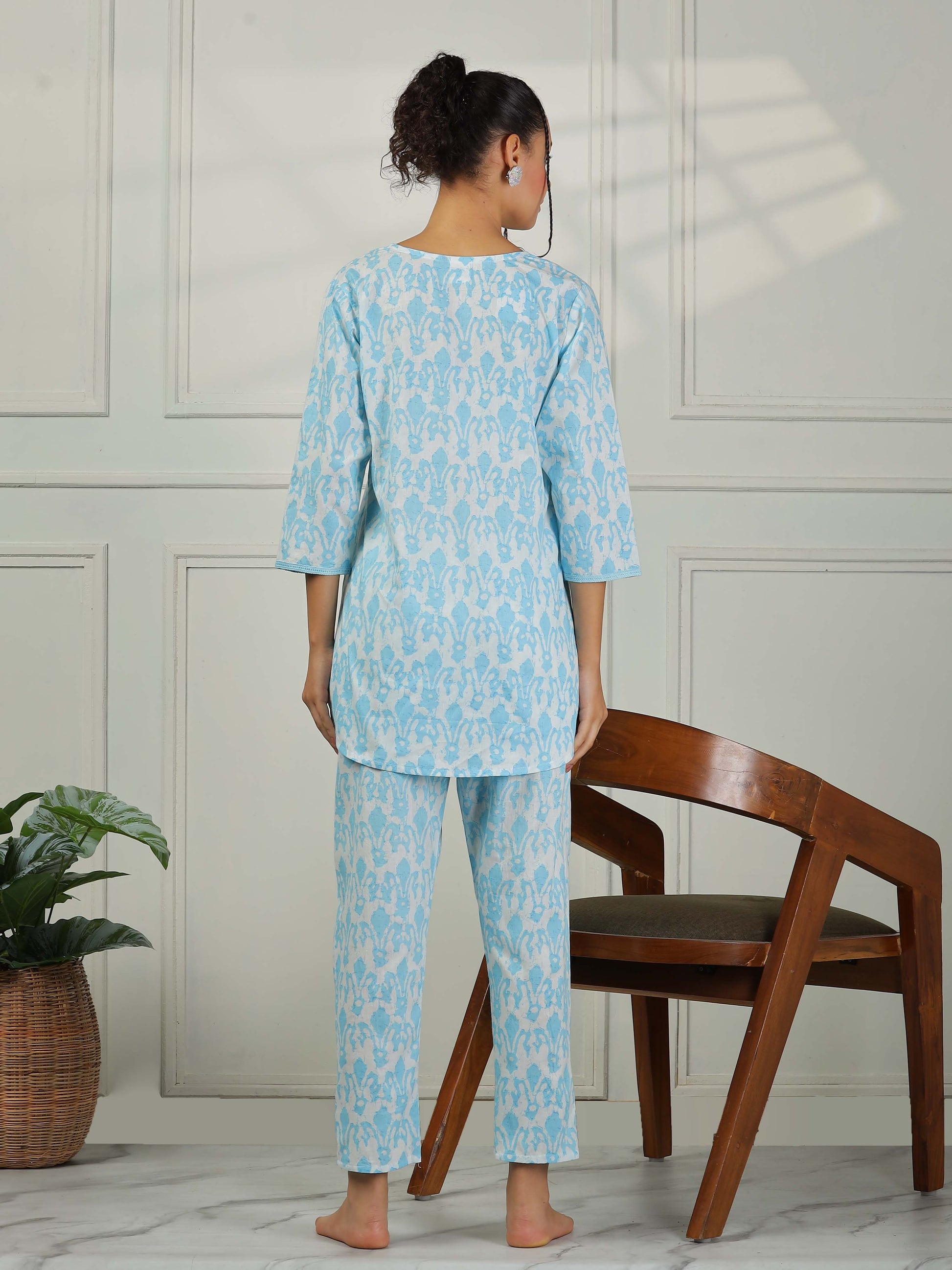 Ice Blue Cotton Pajama Set For Women