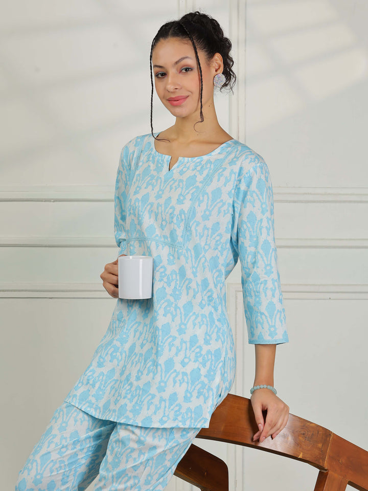 Ice Blue Cotton Pajama Set – Matching Top & Pants for Women