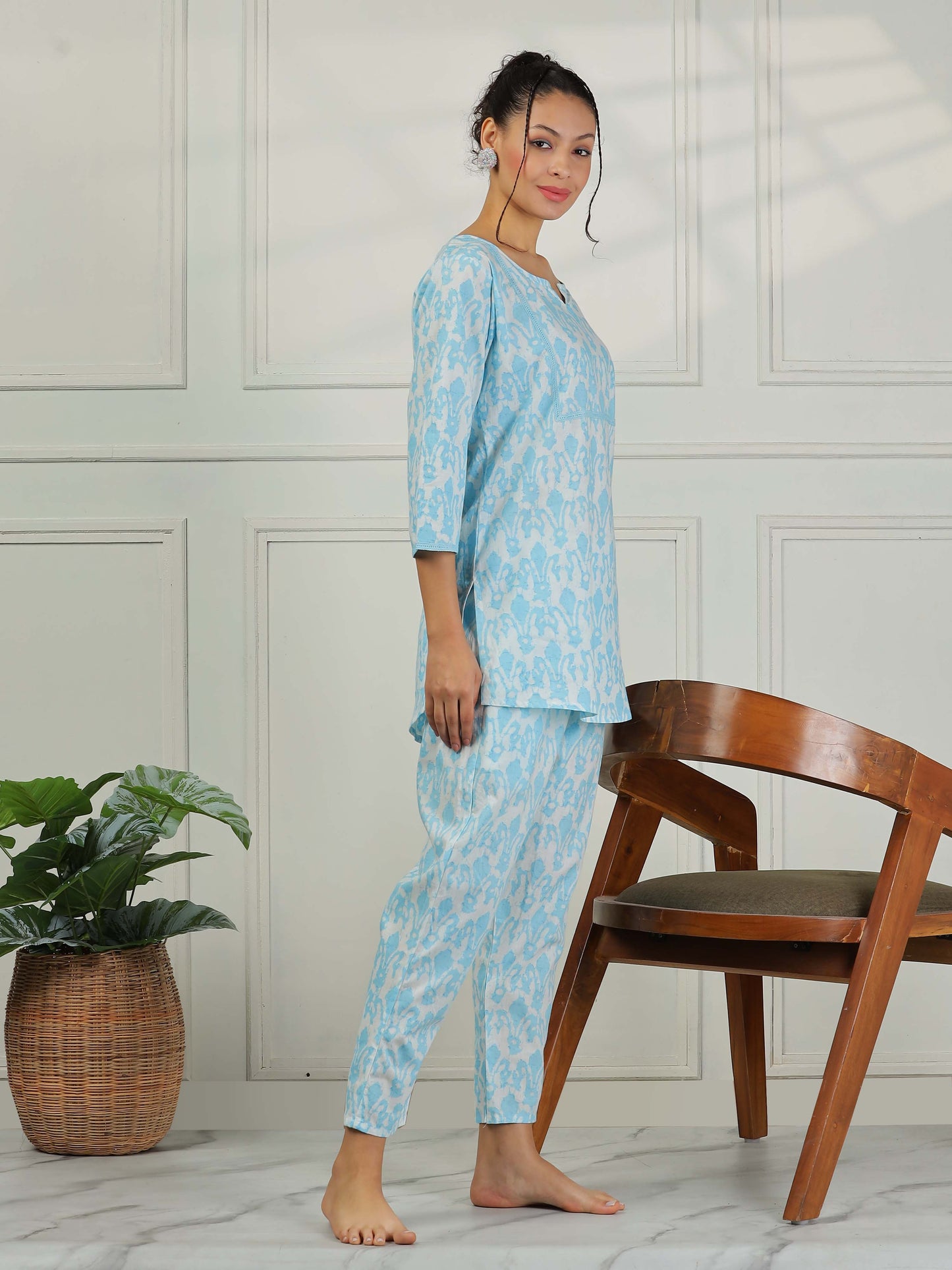 Ice Blue Cotton Pajama Set For Women